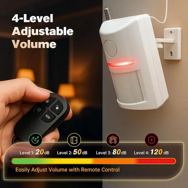 Alt view image 2 of 7 - Wireless Motion Sensor Alarm & Doorbell Chime - AC Plug-in Security Alert with Remote - 90dB Infrared Detector for Business, Office & Garage (1 Motion Alarm + 1 Remote)