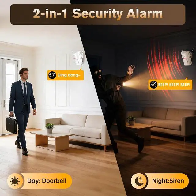 Alt view image 3 of 7 - Wireless Motion Sensor Alarm & Doorbell Chime - AC Plug-in Security Alert with Remote - 90dB Infrared Detector for Business, Office & Garage (1 Motion Alarm + 1 Remote)