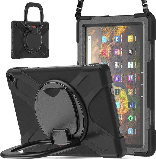 Main image of 360 ° Rotation Portable Case for Fire HD 10 & 10 Plus Tablet11th Generation, 2021 Release Rugged Case Rotating Stand Hand Strap Shoulder Carrying Strap Outdoor Cover (Black)