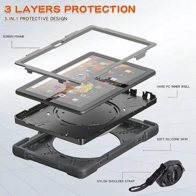 Alt view image 2 of 7 - 360 ° Rotation Portable Case for Fire HD 10 & 10 Plus Tablet11th Generation, 2021 Release Rugged Case Rotating Stand Hand Strap Shoulder Carrying Strap Outdoor Cover (Black)