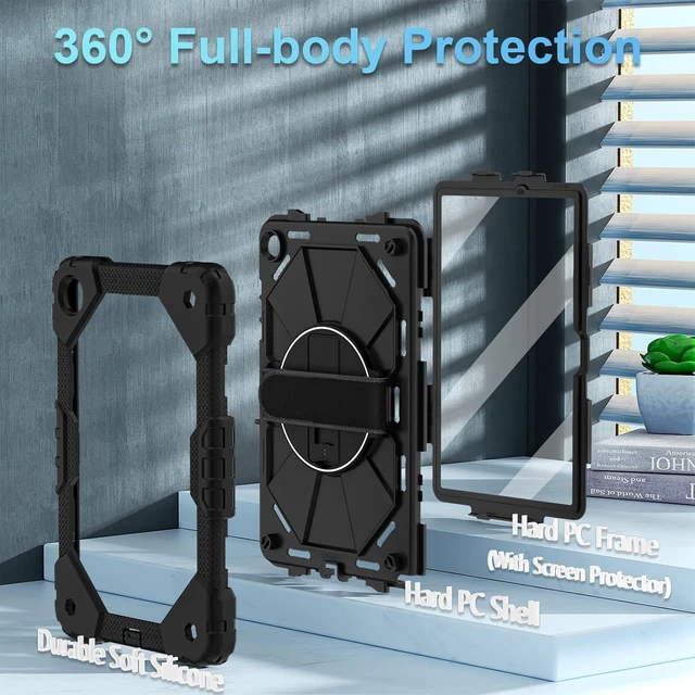 Alt view image 2 of 7 - Case for Galaxy Tab A11 Plus/A9 Plus 11 Inch, Heavy-Duty Shockproof Cover with Screen Protector, 360° Rotating Stand, Hand & Shoulder Strap, Black