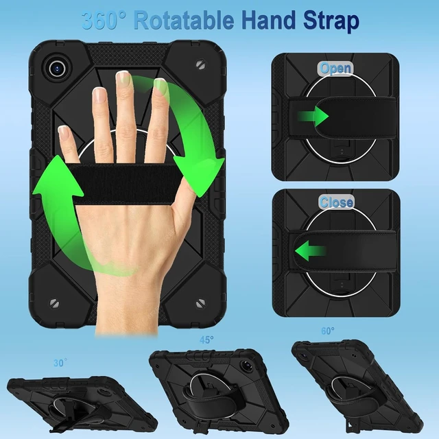 Alt view image 3 of 7 - Case for Galaxy Tab A11 Plus/A9 Plus 11 Inch, Heavy-Duty Shockproof Cover with Screen Protector, 360° Rotating Stand, Hand & Shoulder Strap, Black