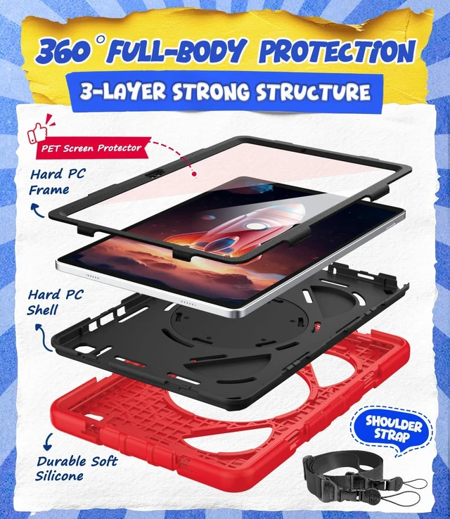 Alt view image 5 of 7 - Case for Samsung Galaxy Tab A11+ / A9+ Plus 11 Inch 2026/2024, Full Protection with Screen Protector & Rotating Stand, Hand/Shoulder Strap, Red+Black