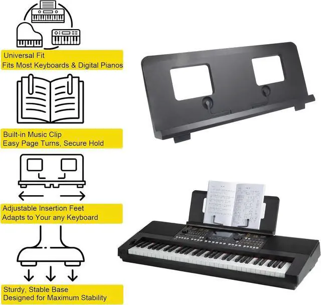 Alt view image 3 of 6 - Adjustable Pin Music Stand with Removable Piano Key Stickers,Fits Multiple Electronic Pianos&Keyboards,Built-in Stowable Sheet Clip