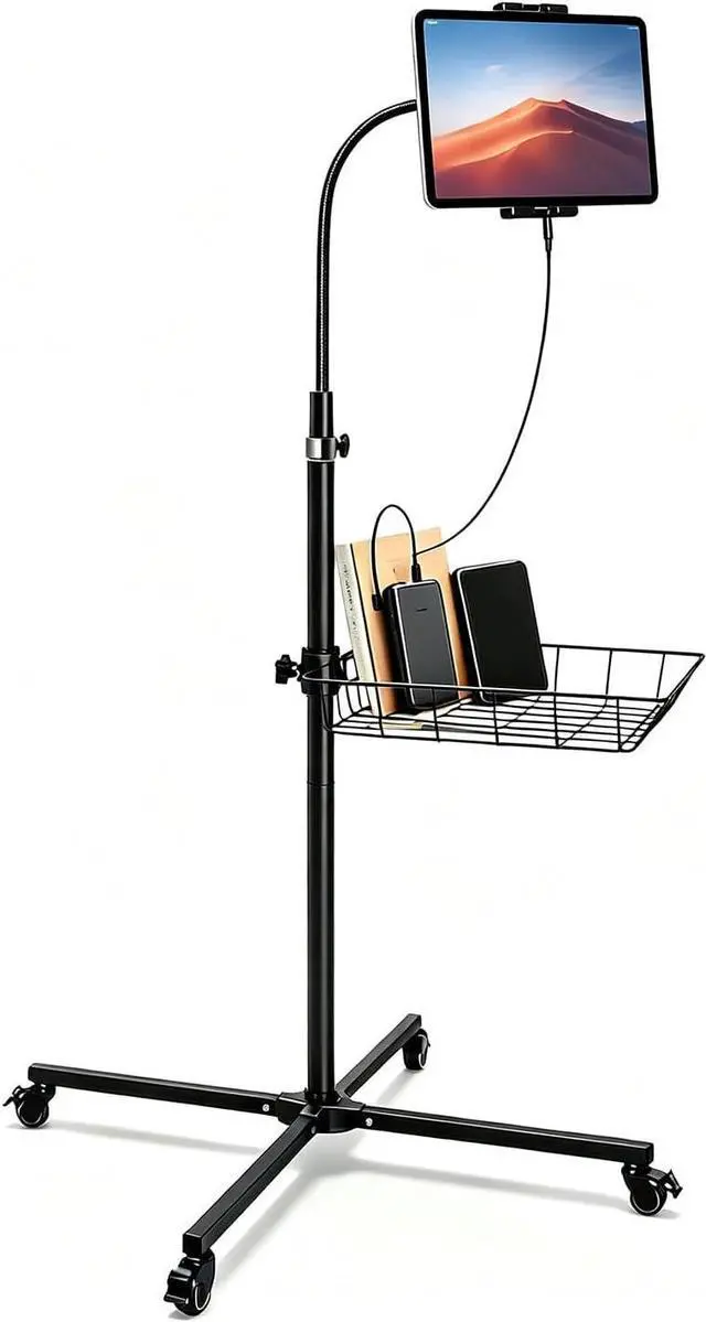 Main image of Rolling Tablet Floor Stand with Industrial Wheels & Storage Basket, Adjustable Height Gooseneck Tablet Stand Floor Holder for iPad Pro 12.9, Air, Mini, Cell Phones (Large)