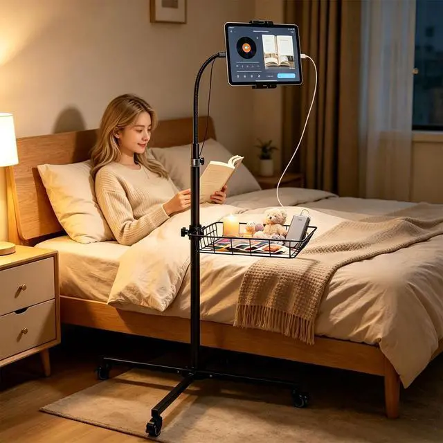 Alt view image 2 of 7 - Rolling Tablet Floor Stand with Industrial Wheels & Storage Basket, Adjustable Height Gooseneck Tablet Stand Floor Holder for iPad Pro 12.9, Air, Mini, Cell Phones (Large)