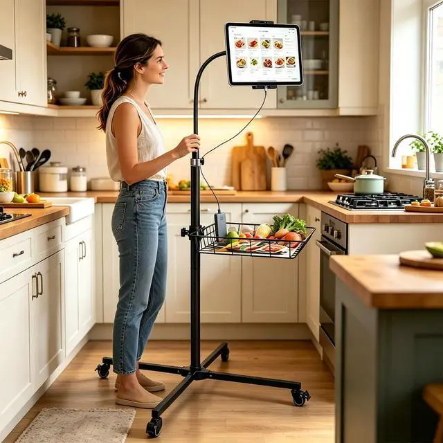 Alt view image 3 of 7 - Rolling Tablet Floor Stand with Industrial Wheels & Storage Basket, Adjustable Height Gooseneck Tablet Stand Floor Holder for iPad Pro 12.9, Air, Mini, Cell Phones (Large)