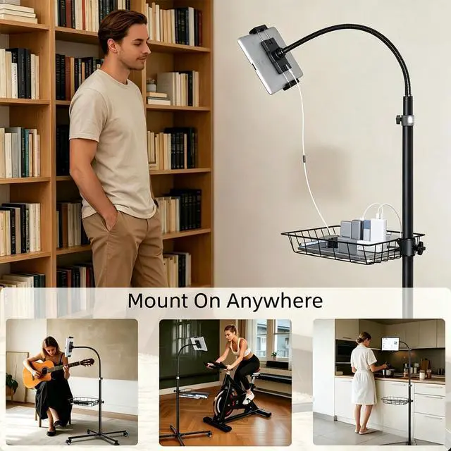 Alt view image 4 of 7 - Rolling Tablet Floor Stand with Industrial Wheels & Storage Basket, Adjustable Height Gooseneck Tablet Stand Floor Holder for iPad Pro 12.9, Air, Mini, Cell Phones (Large)