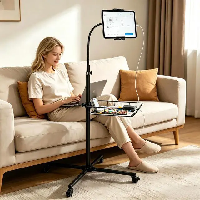 Alt view image 5 of 7 - Rolling Tablet Floor Stand with Industrial Wheels & Storage Basket, Adjustable Height Gooseneck Tablet Stand Floor Holder for iPad Pro 12.9, Air, Mini, Cell Phones (Large)