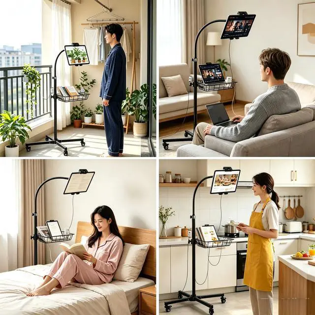 Alt view image 6 of 7 - Rolling Tablet Floor Stand with Industrial Wheels & Storage Basket, Adjustable Height Gooseneck Tablet Stand Floor Holder for iPad Pro 12.9, Air, Mini, Cell Phones (Large)