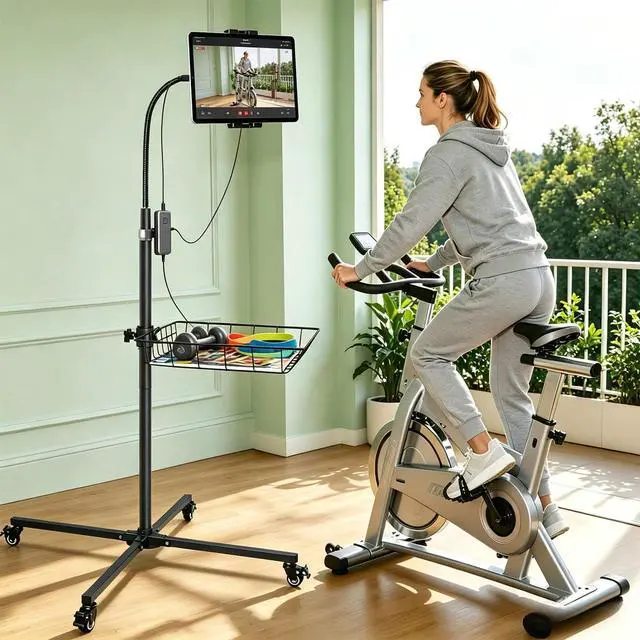 Alt view image 7 of 7 - Rolling Tablet Floor Stand with Industrial Wheels & Storage Basket, Adjustable Height Gooseneck Tablet Stand Floor Holder for iPad Pro 12.9, Air, Mini, Cell Phones (Large)