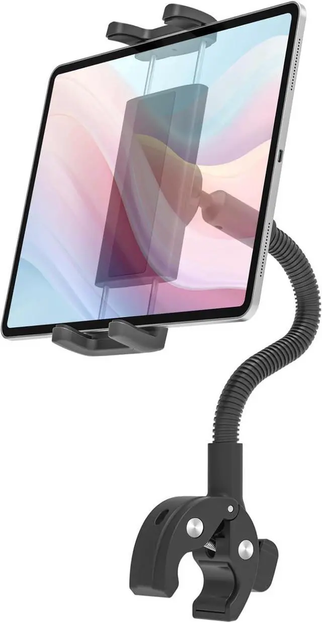 Main image of Gooseneck Tablet Holder for Treadmill and Peloton Bike Fit 4-13" iPad & Phone, Universal Clamp Mount with Flexible Arm for Spin Bike, Indoor Exercise Bicycle, Wheelchair, Stroller Handlebar