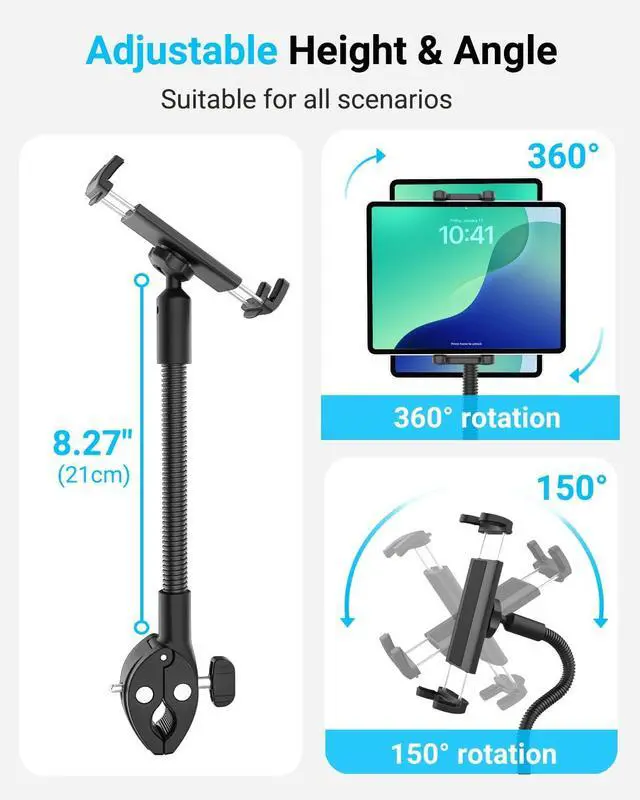 Alt view image 2 of 6 - Gooseneck Tablet Holder for Treadmill and Peloton Bike Fit 4-13" iPad & Phone, Universal Clamp Mount with Flexible Arm for Spin Bike, Indoor Exercise Bicycle, Wheelchair, Stroller Handlebar
