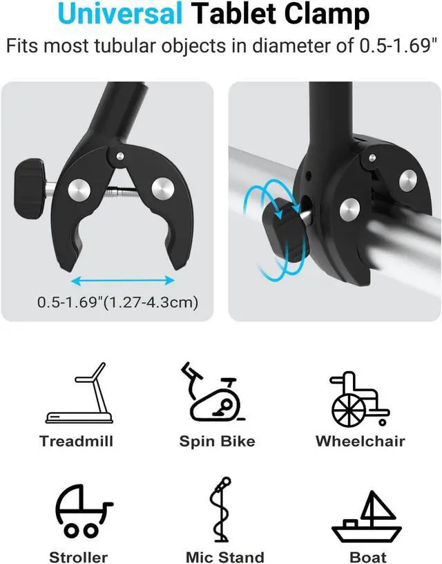 Alt view image 3 of 6 - Gooseneck Tablet Holder for Treadmill and Peloton Bike Fit 4-13" iPad & Phone, Universal Clamp Mount with Flexible Arm for Spin Bike, Indoor Exercise Bicycle, Wheelchair, Stroller Handlebar