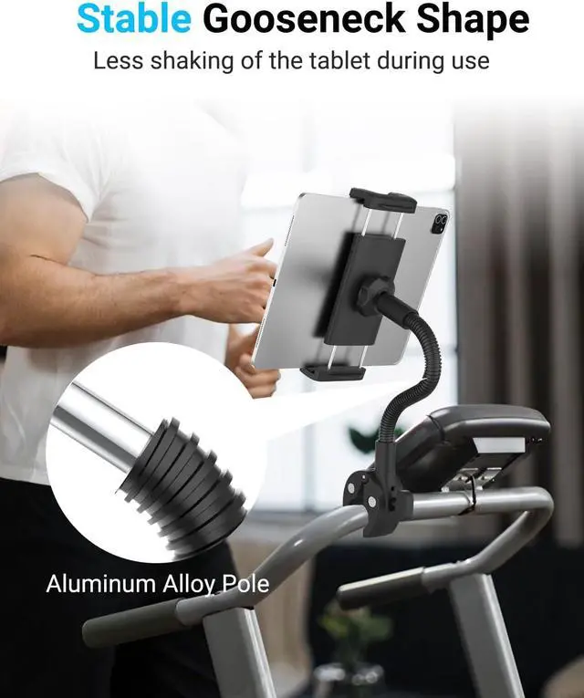 Alt view image 4 of 6 - Gooseneck Tablet Holder for Treadmill and Peloton Bike Fit 4-13" iPad & Phone, Universal Clamp Mount with Flexible Arm for Spin Bike, Indoor Exercise Bicycle, Wheelchair, Stroller Handlebar