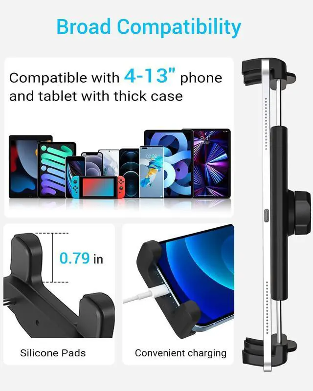 Alt view image 6 of 6 - Gooseneck Tablet Holder for Treadmill and Peloton Bike Fit 4-13" iPad & Phone, Universal Clamp Mount with Flexible Arm for Spin Bike, Indoor Exercise Bicycle, Wheelchair, Stroller Handlebar
