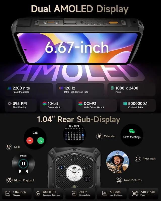 Alt view image 6 of 7 - Armor 29 Pro Thermal, 5G AI Rugged Phone, 32GB+512GB/2TB, MTK Dimensity 7400, 6.67" AMLOED Dual Screen, 64MP+50MP+50MP Real Camera, 21200mAh/120W, 1000LM LED Light, Widevine L1, Android 15