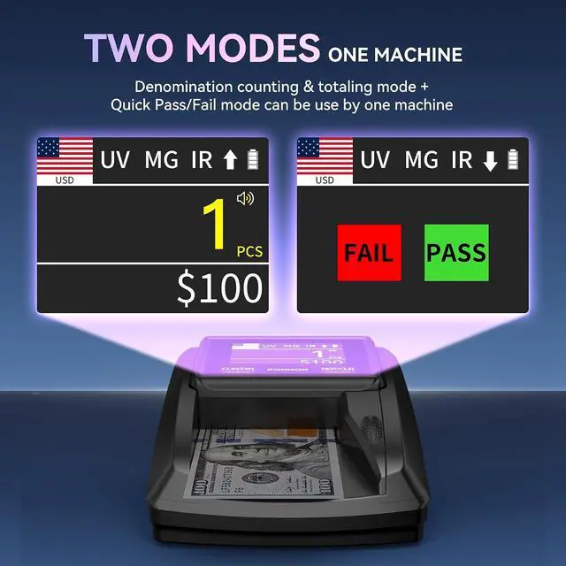 Alt view image 2 of 7 - AL-135T Counterfeit Bill Detector Money Checker Machine with 3" Digital Screen, Total Value Add Function, 4-Way Orientation & Pass/Fail Indicator Mode, Compatible with USD/EUR/CAD/MXN