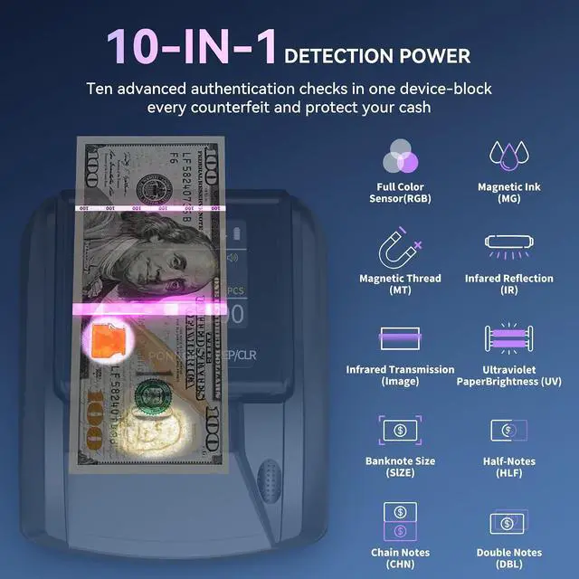 Alt view image 3 of 7 - AL-135T Counterfeit Bill Detector Money Checker Machine with 3" Digital Screen, Total Value Add Function, 4-Way Orientation & Pass/Fail Indicator Mode, Compatible with USD/EUR/CAD/MXN