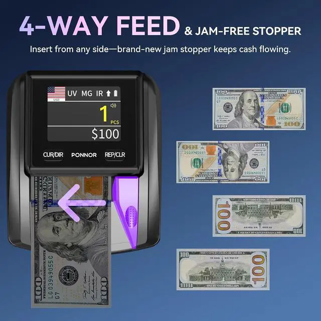 Alt view image 4 of 7 - AL-135T Counterfeit Bill Detector Money Checker Machine with 3" Digital Screen, Total Value Add Function, 4-Way Orientation & Pass/Fail Indicator Mode, Compatible with USD/EUR/CAD/MXN