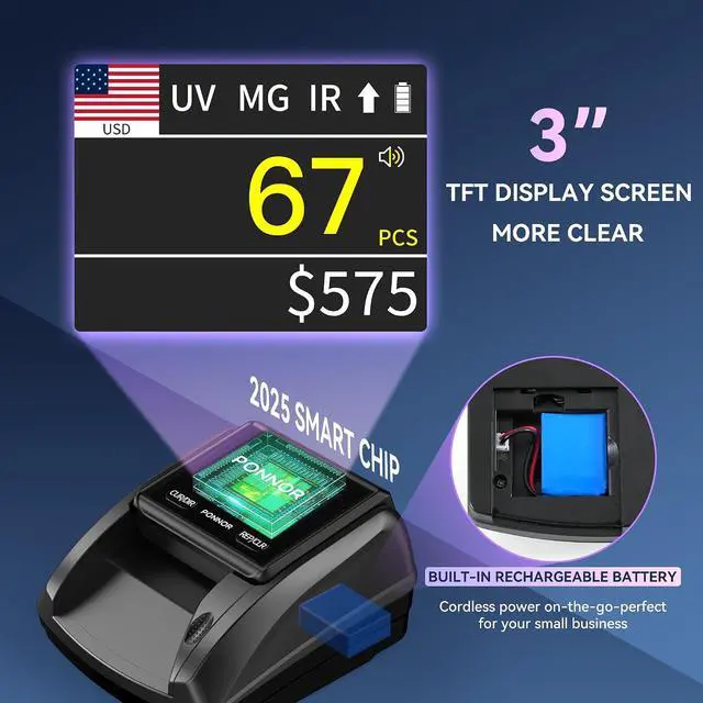 Alt view image 5 of 7 - AL-135T Counterfeit Bill Detector Money Checker Machine with 3" Digital Screen, Total Value Add Function, 4-Way Orientation & Pass/Fail Indicator Mode, Compatible with USD/EUR/CAD/MXN