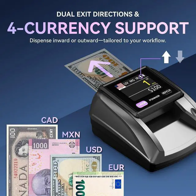 Alt view image 6 of 7 - AL-135T Counterfeit Bill Detector Money Checker Machine with 3" Digital Screen, Total Value Add Function, 4-Way Orientation & Pass/Fail Indicator Mode, Compatible with USD/EUR/CAD/MXN