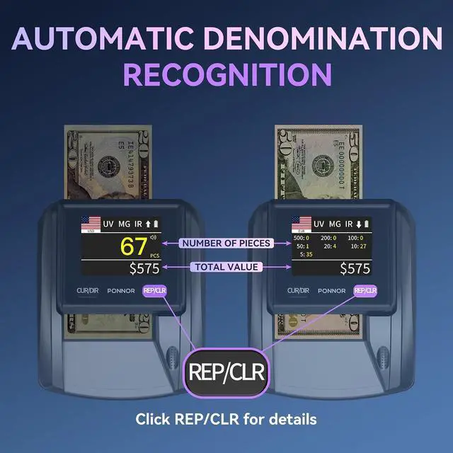 Alt view image 7 of 7 - AL-135T Counterfeit Bill Detector Money Checker Machine with 3" Digital Screen, Total Value Add Function, 4-Way Orientation & Pass/Fail Indicator Mode, Compatible with USD/EUR/CAD/MXN
