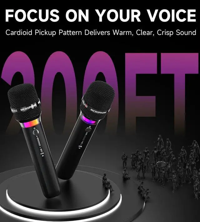 Alt view image 5 of 7 - Wireless Microphone, Rechargeable Wireless Microphones with One-to-One Chip Connection and LED Lights, 40H Duration, 200FT Range Receiving, Less Latency Karaoke Microphone for Singing, Speech, Party