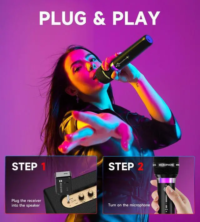 Alt view image 7 of 7 - Wireless Microphone, Rechargeable Wireless Microphones with One-to-One Chip Connection and LED Lights, 40H Duration, 200FT Range Receiving, Less Latency Karaoke Microphone for Singing, Speech, Party
