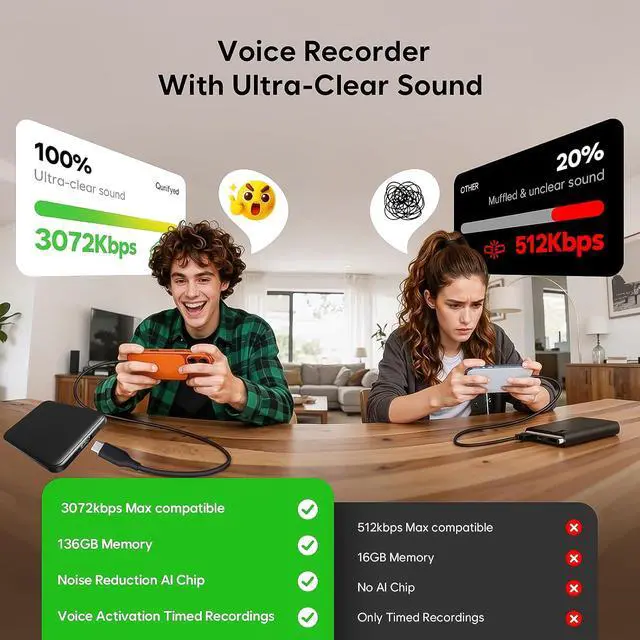 Alt view image 7 of 7 - 136GB (18800 Hour) Double-Sided Magnetic Voice Activated Recorder, Audio Recorder AI Smart Noise Reduction, MP3 & USB-C Digital Voice Recorder, 100H Continuous Recording Device for Meetings/Interviews
