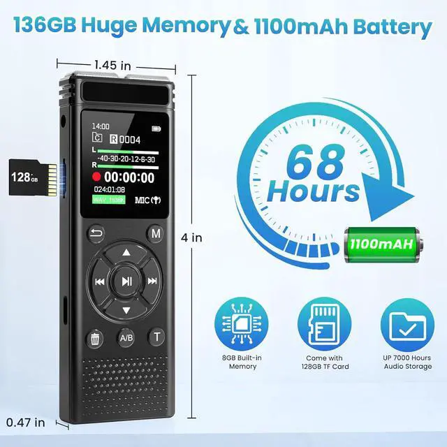 Alt view image 3 of 7 - 136GB Digital Voice Recorder with Playback,9775 Hours Audio Record
