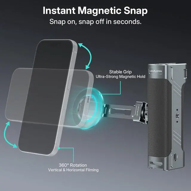 Alt view image 2 of 6 - Magnetic Side Handle Handgrip for Smartphones, 360° Rotatable Aluminum Phone Grip with Shutter