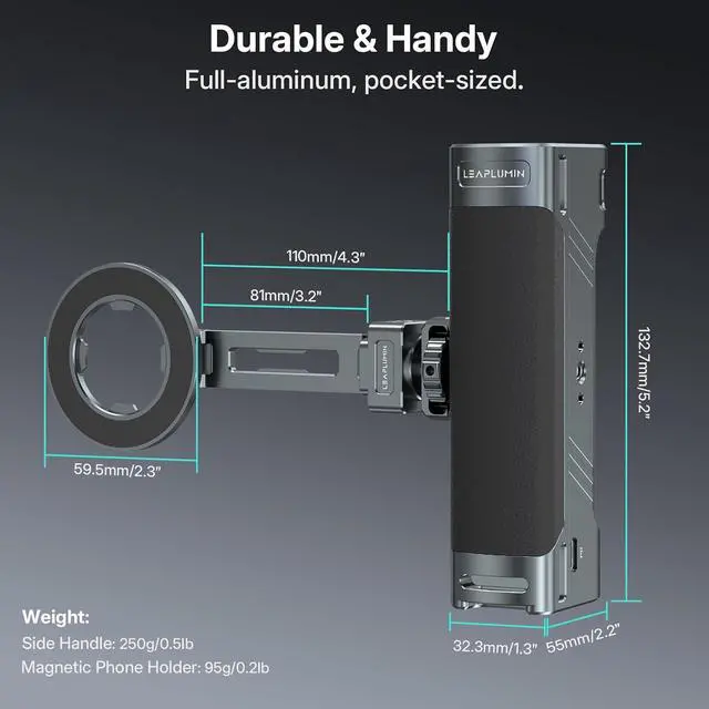 Alt view image 4 of 6 - Magnetic Side Handle Handgrip for Smartphones, 360° Rotatable Aluminum Phone Grip with Shutter