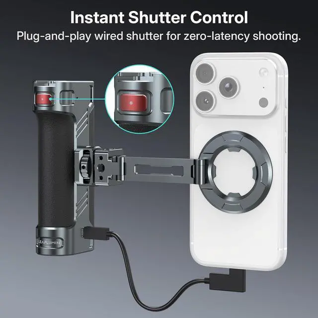 Alt view image 3 of 6 - Magnetic Side Handle Handgrip for Smartphones, 360° Rotatable Aluminum Phone Grip with Shutter