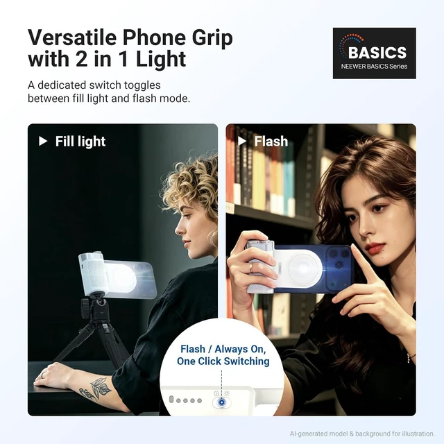 Alt view image 2 of 7 - Magnetic Phone Camera Grip with 2-in-1 Selfie Flash 9W Flash & 3W Bi-Color CRI97+ LED Fill, Ergonomic Holder for iPhone MagSafe/Android Video & TikTok, HS01