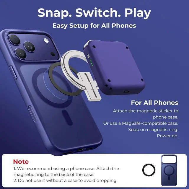 Alt view image 5 of 7 - M4 Snap-On Mobile Gaming Controller for Android & iPhone, Switch 1&2, Portable Bluetooth Controller, Pocket-Sized Retro Arcade Phone Gamepad Kickstand, Dual Joystick Turbo Pro Gaming Magnetic (Blue)