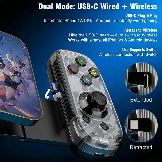 Alt view image 2 of 7 - Mobile Game Controller with USB-C Plug & Play, Wireless & Wired Gamepad for iPhone/Android & Switch with Hall Effect Joysticks/Dual Vibration/Turbo, Supports Cloud Gaming & Streaming (Black)