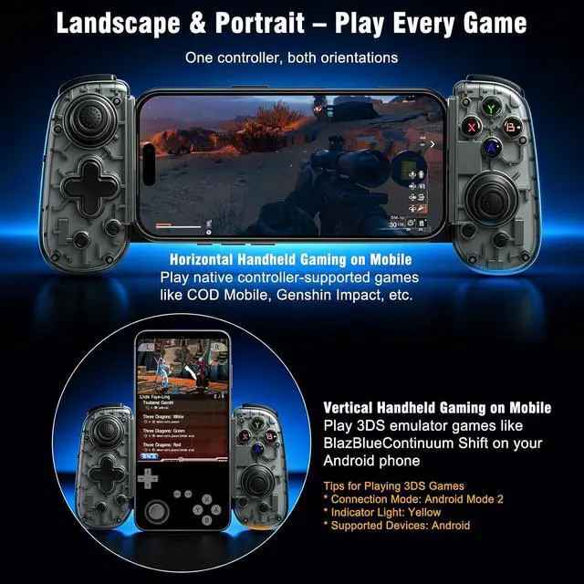 Alt view image 3 of 7 - Mobile Game Controller with USB-C Plug & Play, Wireless & Wired Gamepad for iPhone/Android & Switch with Hall Effect Joysticks/Dual Vibration/Turbo, Supports Cloud Gaming & Streaming (Black)