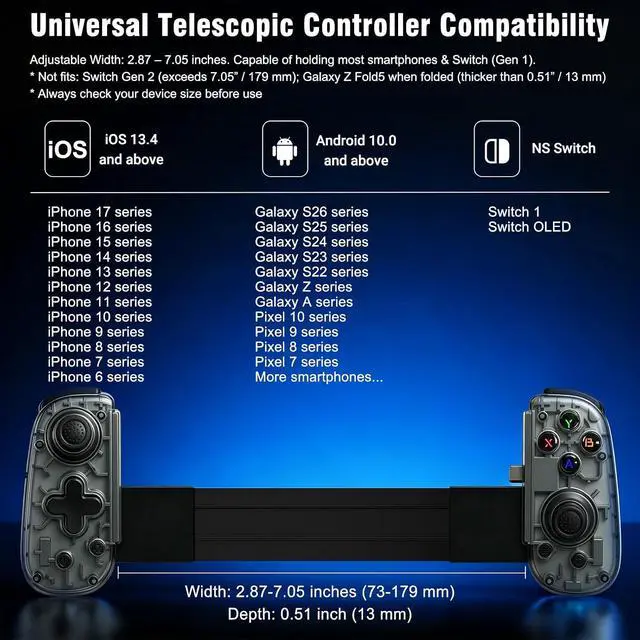 Alt view image 4 of 7 - Mobile Game Controller with USB-C Plug & Play, Wireless & Wired Gamepad for iPhone/Android & Switch with Hall Effect Joysticks/Dual Vibration/Turbo, Supports Cloud Gaming & Streaming (Black)