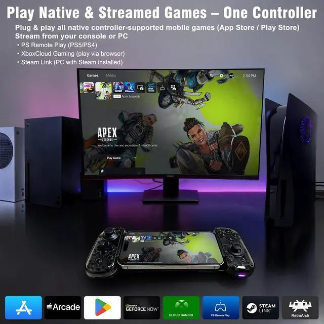 Alt view image 5 of 7 - Mobile Game Controller with USB-C Plug & Play, Wireless & Wired Gamepad for iPhone/Android & Switch with Hall Effect Joysticks/Dual Vibration/Turbo, Supports Cloud Gaming & Streaming (Black)