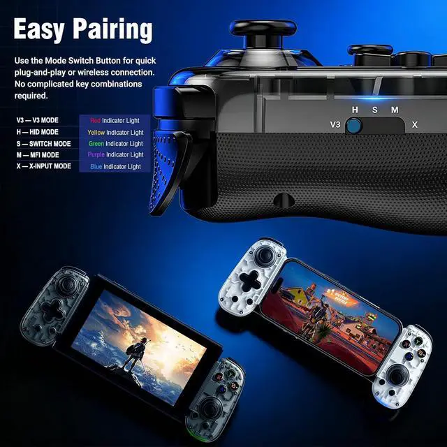 Alt view image 7 of 7 - Mobile Game Controller with USB-C Plug & Play, Wireless & Wired Gamepad for iPhone/Android & Switch with Hall Effect Joysticks/Dual Vibration/Turbo, Supports Cloud Gaming & Streaming (Black)