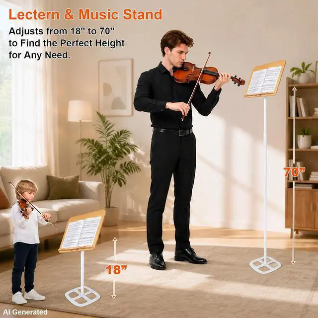 Alt view image 2 of 7 - 3-in-1 Wooden Music Stand, Metal Bracket Book Stand for Reading Podium