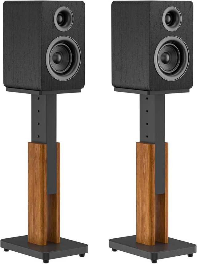 Main image of Wood-Grain Floor Speaker Stands Pair, Height Adjustable Holds 50Lbs, for Klipsch, Edifier, JBL Satellite, Studio & Bookshelf Speakers with Cable Clips