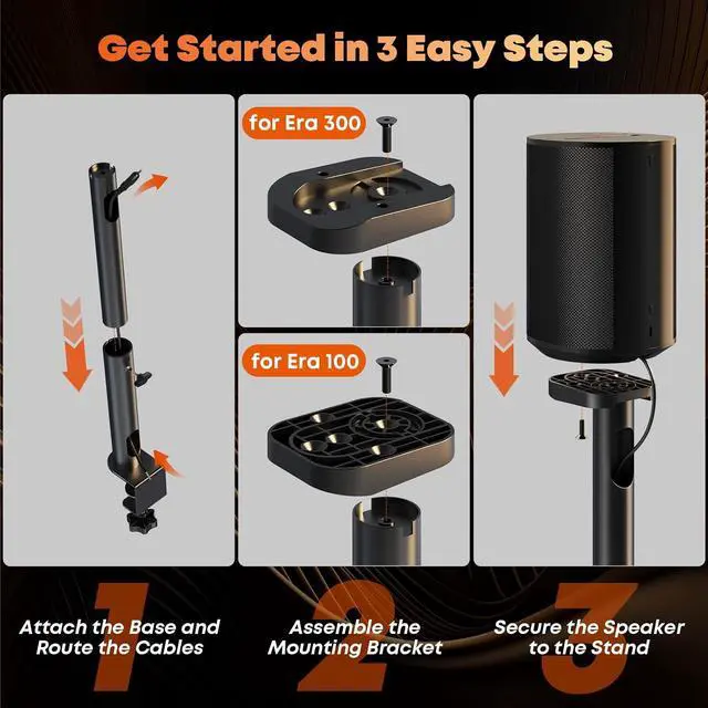 Alt view image 6 of 7 - Desk Clamp Speaker Stand for SONOS Era 100 SL, Era 100 and Era 300 - Height Adjustable Desk Speaker Mount,Concealed Cable Management, Max Load 11 lbs, Pack of 2, Black
