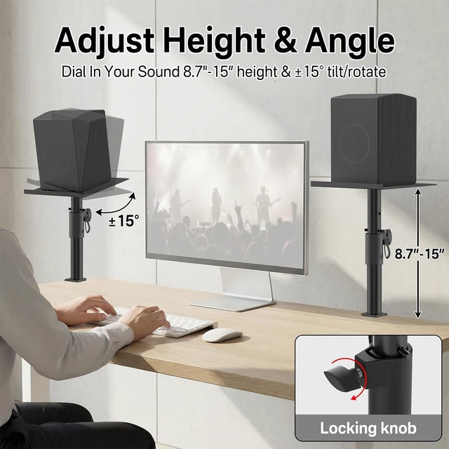 Alt view image 4 of 6 - Heavy-Duty Clamp-On Desktop Speaker Stand Pair 8.9" × 9.45" Plate for Klipsch, JBL, Sony, Samsung, LG & Vizio, Height Adjustable, Built-in Cable Management
