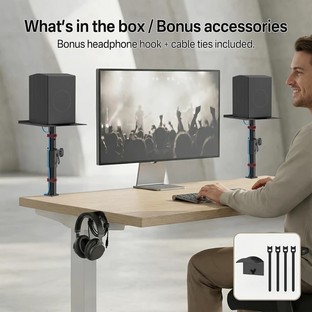 Alt view image 6 of 6 - Heavy-Duty Clamp-On Desktop Speaker Stand Pair 8.9" × 9.45" Plate for Klipsch, JBL, Sony, Samsung, LG & Vizio, Height Adjustable, Built-in Cable Management