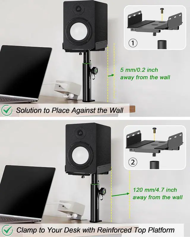 Alt view image 3 of 7 - Dual Side Clamp Desktop Studio Monitor Stands Against The Wall