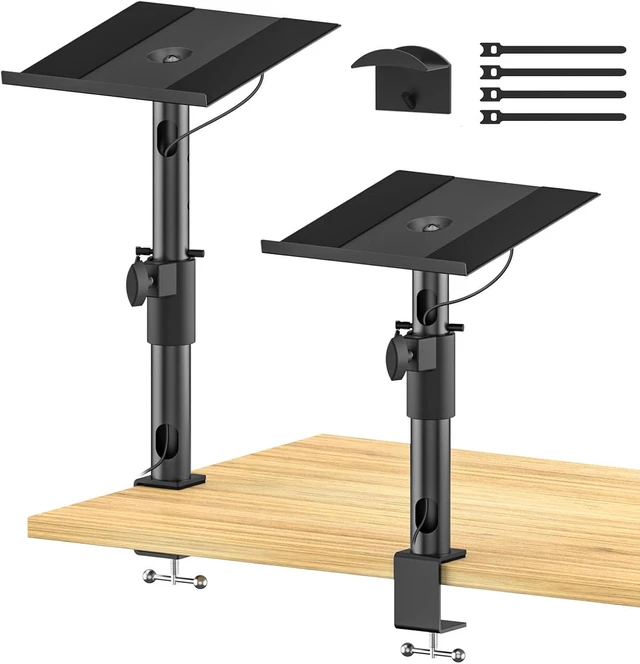 Main image of Heavy-Duty Clamp-On Desktop Speaker Stand Pair 9.3" x 8.9" Plate for Edifier, KRK, Klipsch, Yamaha & Samsung HW-Q Series, Height & Angle Adjustable, Built-in Cable Management