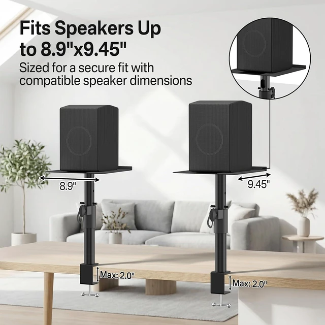 Alt view image 2 of 7 - Heavy-Duty Clamp-On Desktop Speaker Stand Pair 9.3" x 8.9" Plate for Edifier, KRK, Klipsch, Yamaha & Samsung HW-Q Series, Height & Angle Adjustable, Built-in Cable Management