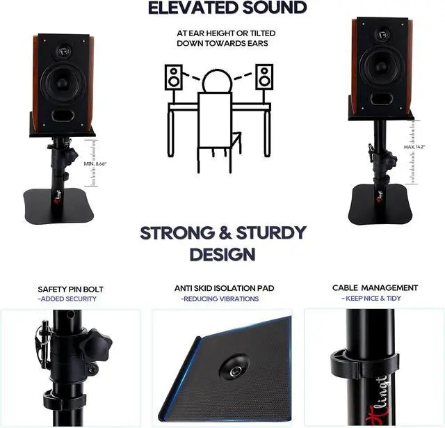 Alt view image 4 of 7 - Tlingt Desktop Speaker Stands Pair, Sturdy Flat Base, Height & Tilt Adjusts